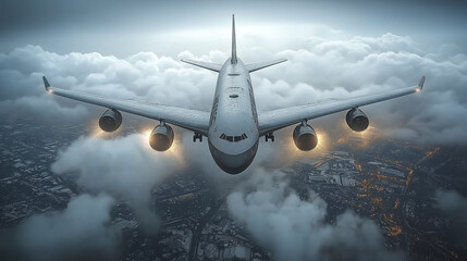 Airplane flying through clouds above the city in early hours dur