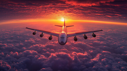 Flying above the clouds at sunset with a vivid sky and a majesti
