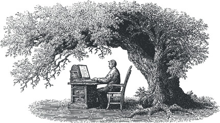 A vintage illustration of a man typing at a typewriter under a large tree.