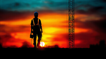 Construction worker silhouetted against a vibrant sunset sky nea