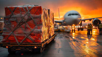 Cargo is being loaded onto an airplane at sunset at a busy airpo