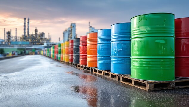 Row of steel barrels and plastic drums in front of factory background on gray road, representing industrial production, storage, and chemical container concept