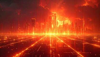 Digital Firewall Concept Background with Glowing Lines and Red-Orange Gradient