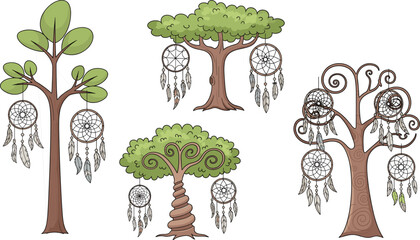 Dreamcatcher hanging on fantasy trees illustration, spiritual boho artwork design, nature inspired decorative vector concept for relaxation, meditation, peace, creativity, inspiration © SHAHARIAR