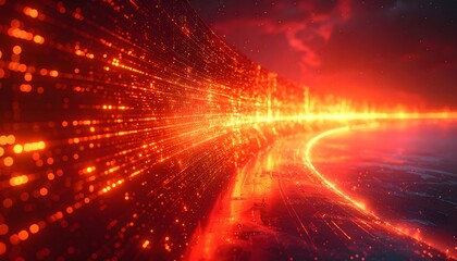 Digital Firewall Concept Background with Glowing Lines and Red-Orange Gradient