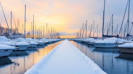 A serene winter marina scene with snow-covered boats and a tranquil pathway, illuminated by a soft sunset glow.
