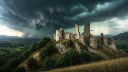 Fototapeta premium Ruined castle under a dramatic storm
