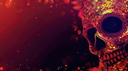 Colorful sugar skull with intricate designs, the Day of the Dead celebration in Mexico. Bright colors and gold floral patterns. horizontal banner, copy space, free space for text