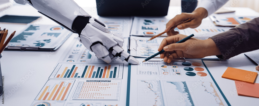 Poster a futuristic scene showcasing a robotic hand collaborating with a human in analyzing business data, 