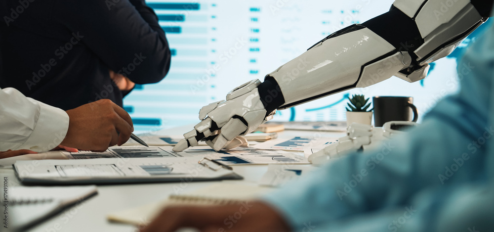 Poster a futuristic scene showcasing a robot arm interacting with data charts in a sleek office environment