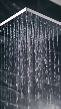 Macro video: gleaming chrome square rain shower head on dark charcoal stone wall. Water powerfully erupts, streams form dense cascade, then stops. Diffused light. Refreshing and luxurious ambiance.