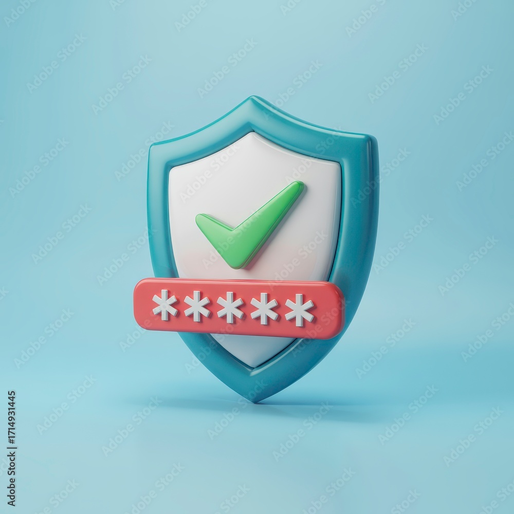 Poster security shield with checkmark and obscured password on blue background