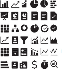 Collection of Business Data Analysis and Performance Metrics Icons Representing Growth and Progress