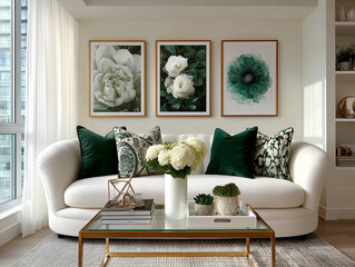 Jasny, elegancki salon z białą sofą i zielonymi poduszkami. Na ścianie wiszą trzy obrazy z motywami kwiatowymi. Stolik kawowy zdobią kwiaty i książki.
