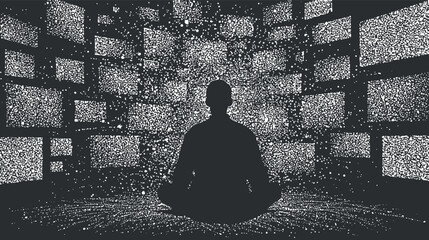 A silhouette of a person meditating surrounded by numerous digital screens filled with data.