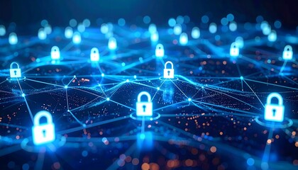 Encrypted Digital Network Background with Connected Nodes and Glowing Padlock Icon