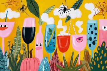 Colorful cocktail glasses filled with red and black beverages create a fun and spooky atmosphere, ideal for autumn gatherings and Halloween parties with friends