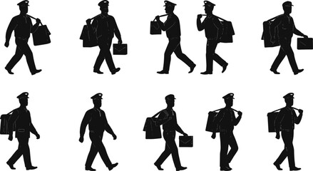 Silhouette set of vintage postman walking with mailbags and letters, retro postal worker carrying envelopes and packages vector illustration design.