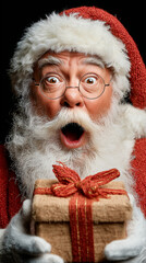 Wstrząśnięty Święty Mikołaj z okrągłymi okularami i otwartymi ustami. Trzyma on brązowy prezent przewiązany czerwoną wstążką, a jego mina wyraża zaskoczenie.