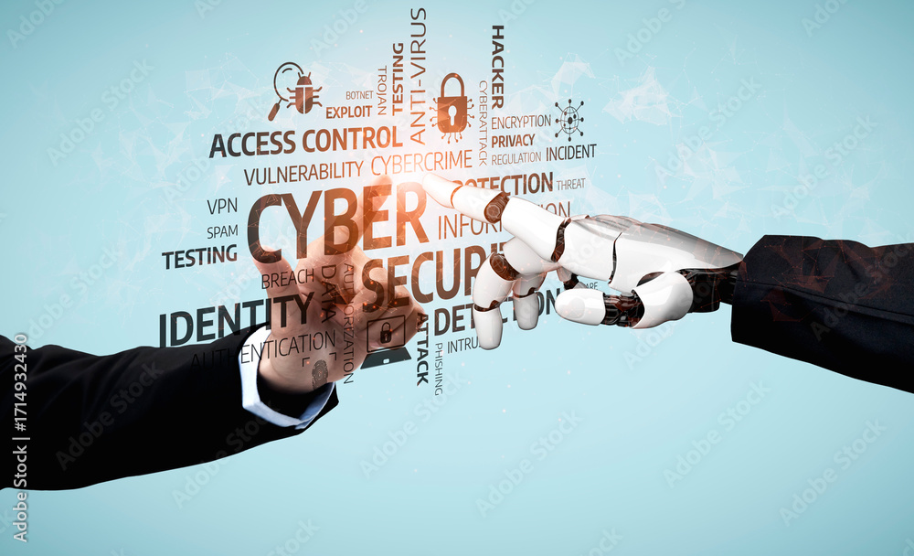 Poster a striking visual representation of partnership between human and robot in cyber security, emphasizi
