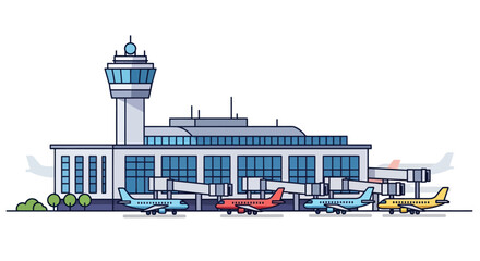 Modern Airport Terminal with Airplanes and Control Tower.