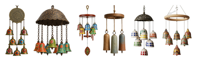 Obraz premium Decorative wind chime set including hand-painted, metallic, ceramic, and wooden variants isolated. Home and garden accents collection.