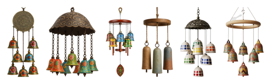 Decorative wind chime set including hand-painted, metallic, ceramic, and wooden variants isolated. Home and garden accents collection.
