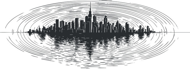 A stylized black and white skyline reflection over the water with rippling patterns.