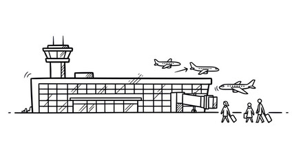 Obraz premium Hand-drawn sketch of an airport terminal with airplanes and passengers.