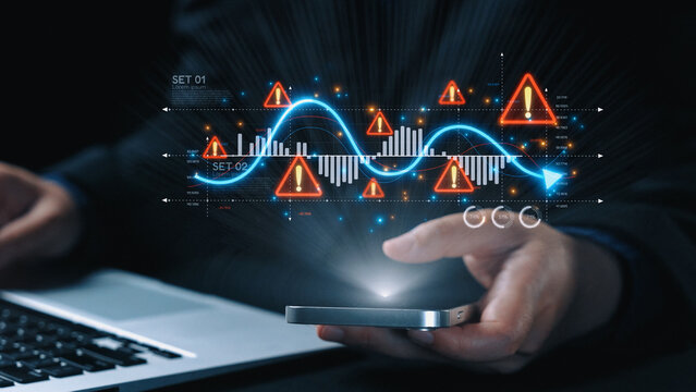 Economic caution visual showing risk alerts and financial volatility. Warning signs highlight economic downturn, market risk, finance crisis, and uncertainty in data-driven analysis. Elide