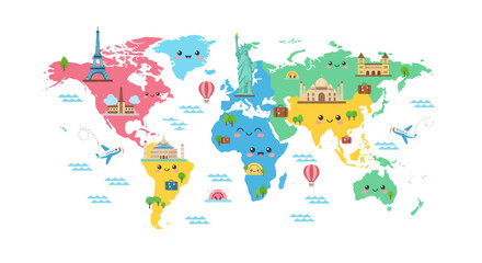 Whimsical Cartoon World Map with Famous Landmarks and Happy Faces. © Ika