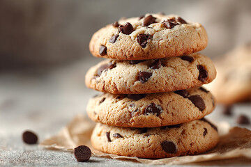 Stacked chocolate chip cookies on parchment paper, light and airy background