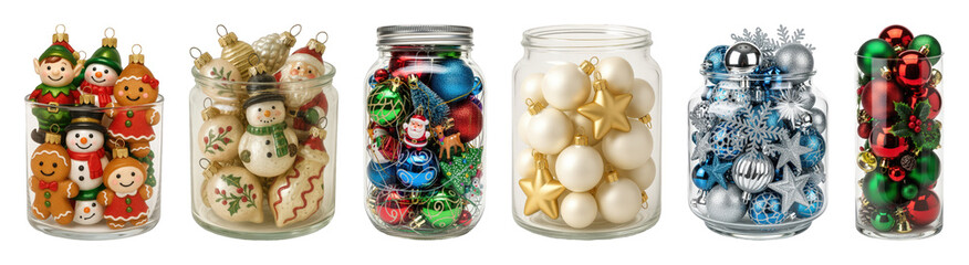 Christmas ornament set including character figurines, colorful baubles, stars, and snowflakes in glass jars isolated. Festive holiday decor collection.
