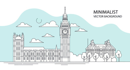 Minimalist Line Art Illustration of Londons Big Ben and Parliament.