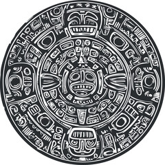 An intricate black and white representation of an ancient Aztec calendar design.