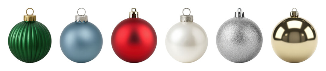 Christmas ornaments set including various colored, textured, and glossy baubles isolated. Holiday decoration collection for festive designs.