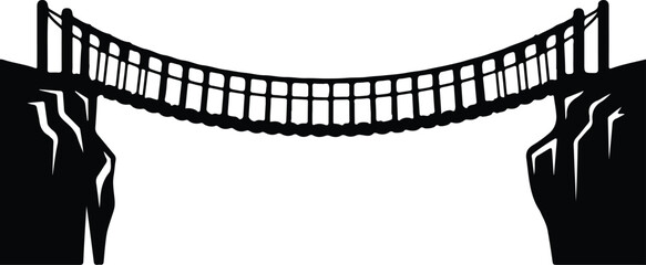 Vector Suspension bridge silhouette between cliffs adventure crossing Illustrator © Ummei