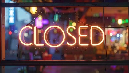 A close up cinematic view of a glowing neon sign displaying the word Closed with a blurred storefront background; dramatic bokeh lighting enhances the atmosphere and urban night mood