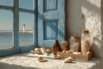 Malownicza sceneria nad morzem: na białym parapecie muszle i butelki, a w oddali błękitne okiennice i latarnia morska.
