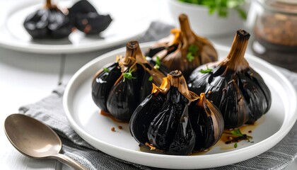 Close-up of Black Garlic Cloves on White Plate