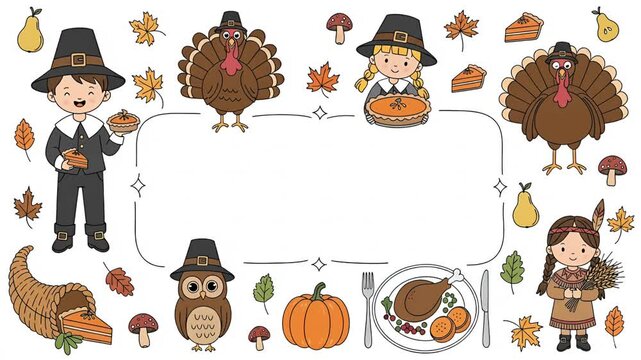 Thanksgiving Border with Cute Cartoon Characters and Autumn Food Elements, looping animation