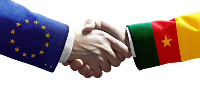 Handshake between European Union and Cameroon symbolizing diplomacy, cooperation, partnership, and international relations on a black background.
