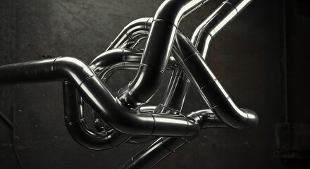 An intricate labyrinth of gleaming industrial pipelines and conduits weaving a complex metallic network against a dark, gritty background