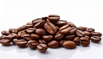Naklejka premium Roasted Coffee Beans Piled In Small Groups Isolated On White Dark Aromatic Beans Highlight Rich Texture And Glossy Surface Fresh Caffeine Ingredient Emphasizes Gourmet Espresso And Barista Quality