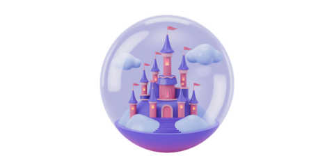 Magical fairytale castle inside a whimsical glass bubble with soft clouds, perfect for fantasy themes