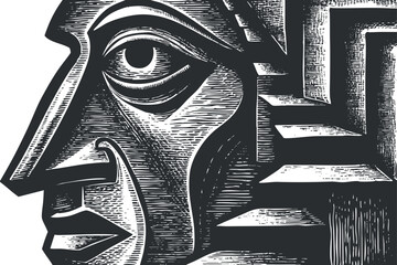Naklejka premium Black and white abstract illustration of a stylized face with geometric features and modern design.
