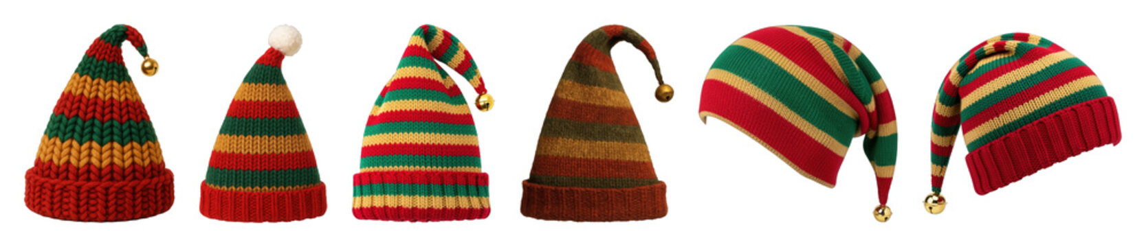 Christmas elf hats set including knitted, striped, and festive variations with bells and pom-pom isolated. Holiday celebration accessories.