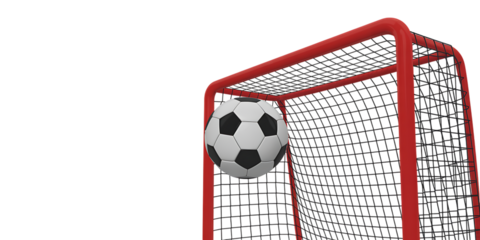 Goal scored! Soccer ball captured mid-flight within a vibrant red net, celebrating victory and achievement.