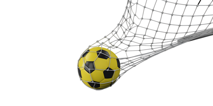 Goal! Dynamic yellow soccer ball captured perfectly in net, celebrating sporting victory and achievement