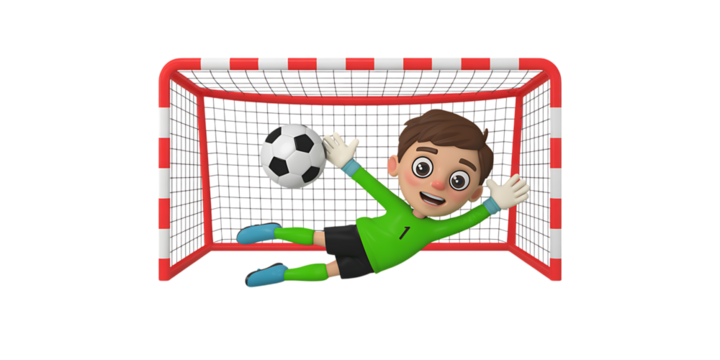Dynamic cartoon goalkeeper dives to save winning goal with incredible athletic save